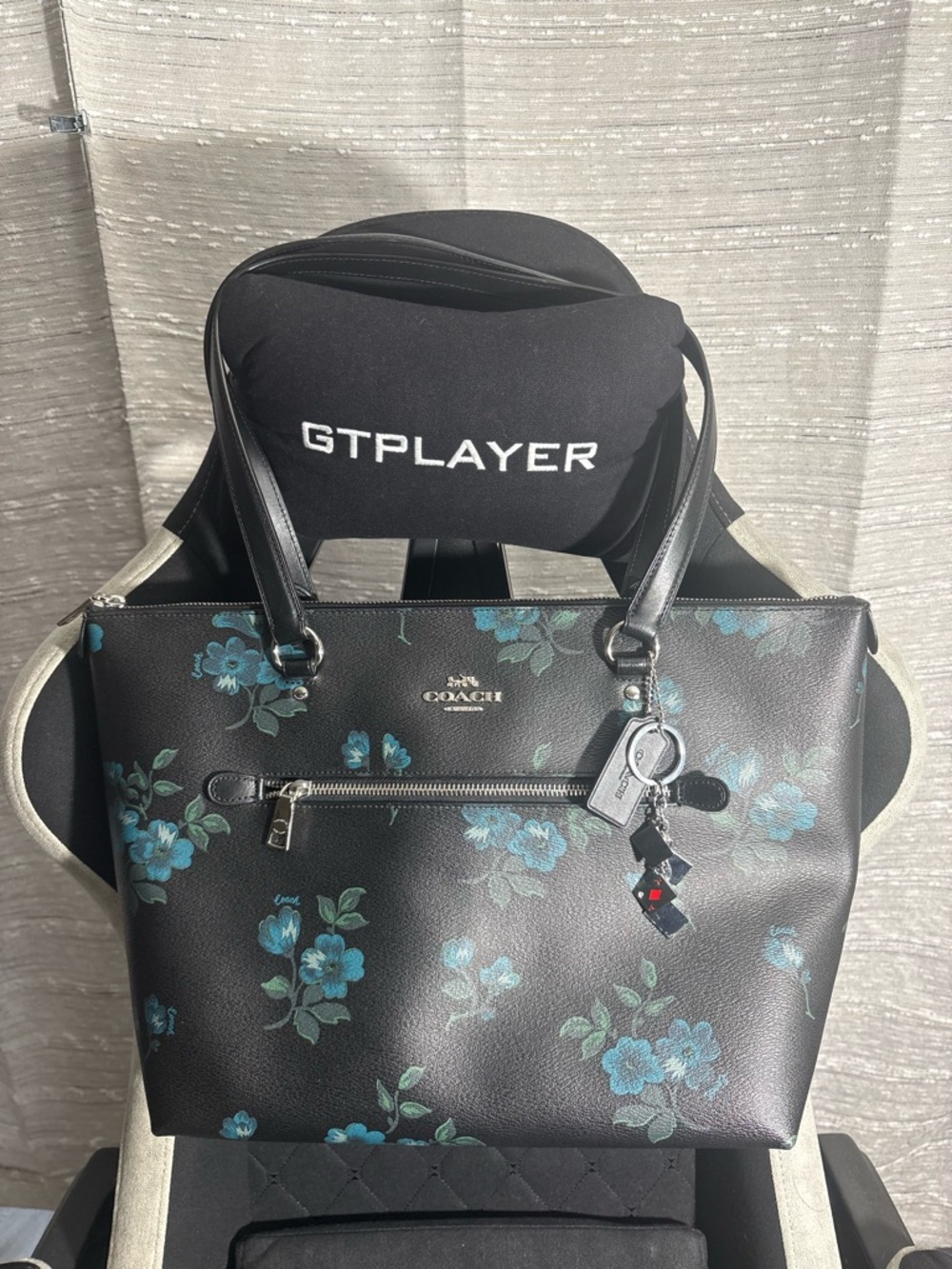 Coach Black Leather Tote with Teal Blue Floral Print